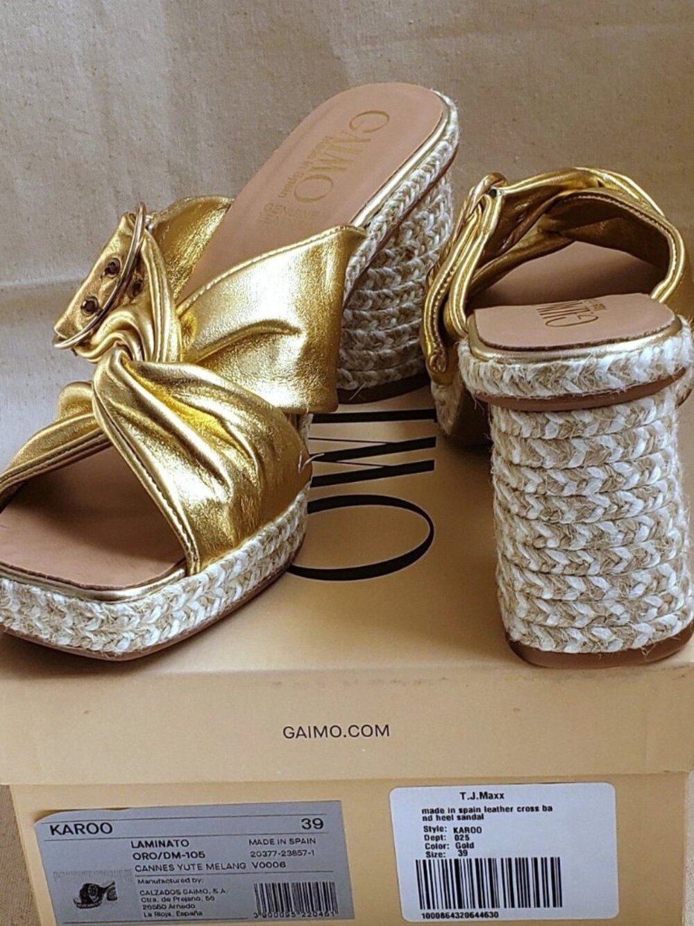 Gaimo Women's Size 8.5 Block Heel Slide Dress Gold Leather Buckle Sandals Spain